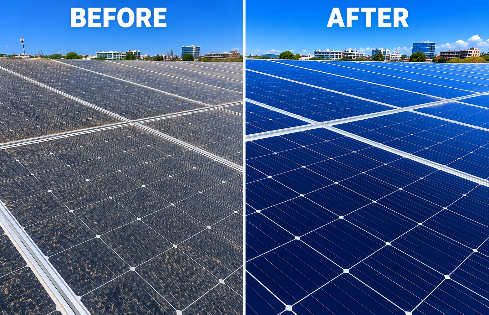 Before and after: dusty solar panel vs sparkling clean panel
